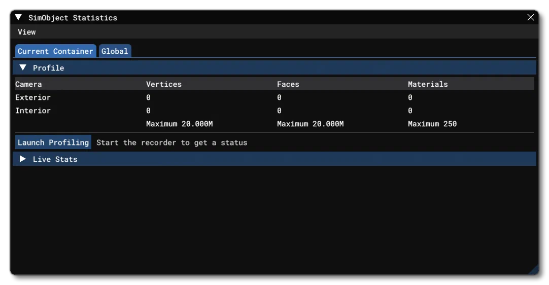 The SimObject Statistics Profiler Tool Window