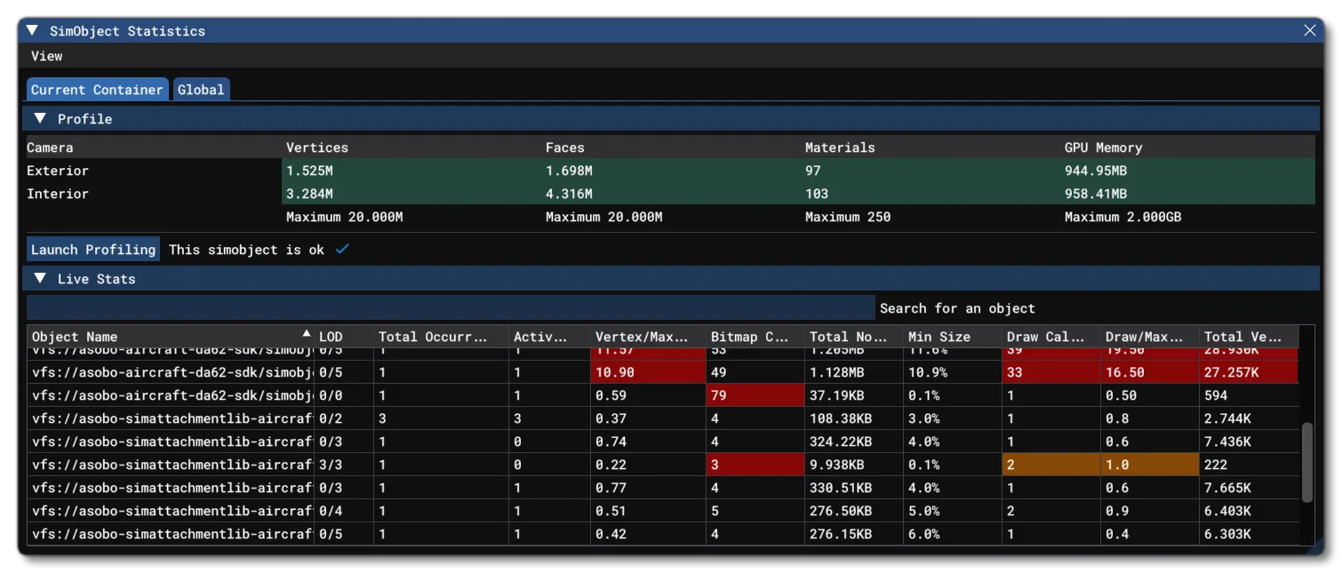 The SimObject Statistics Profiler Window