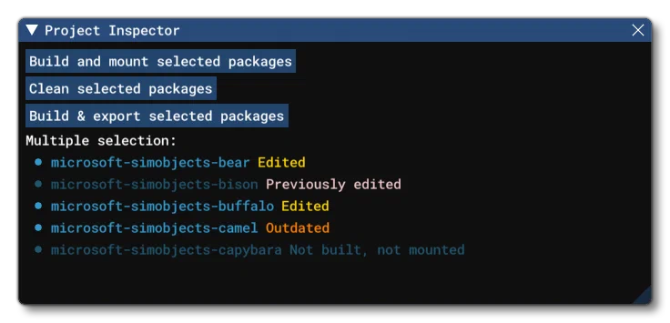 The Project Inspector Listing Multiple Selected Packages