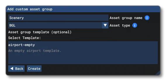The Add Asset Group Window In The Project Editor