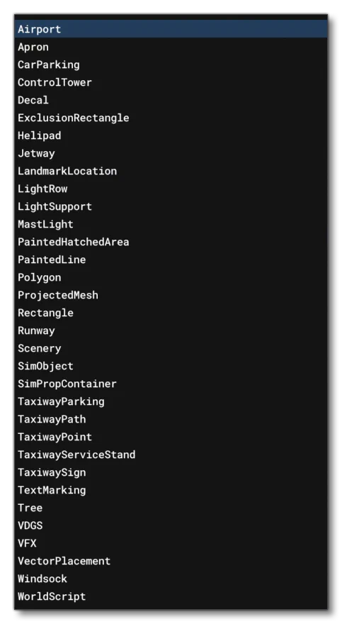 List Of All The Objects In The Scenery Editor