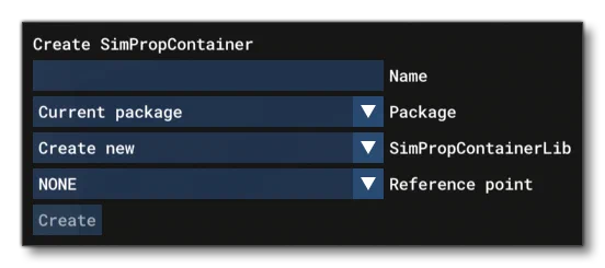 The Create SimPropContainer Window