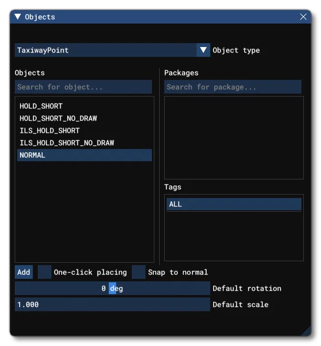 Different Taxiway Point Object Elements Listed In The Objects Window
