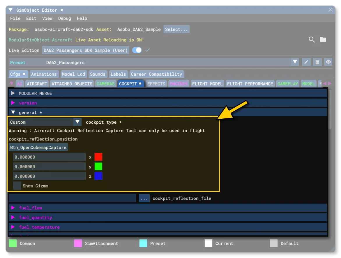 The Cockpit CFG and Open Capture Tool Button In The SimObject Window