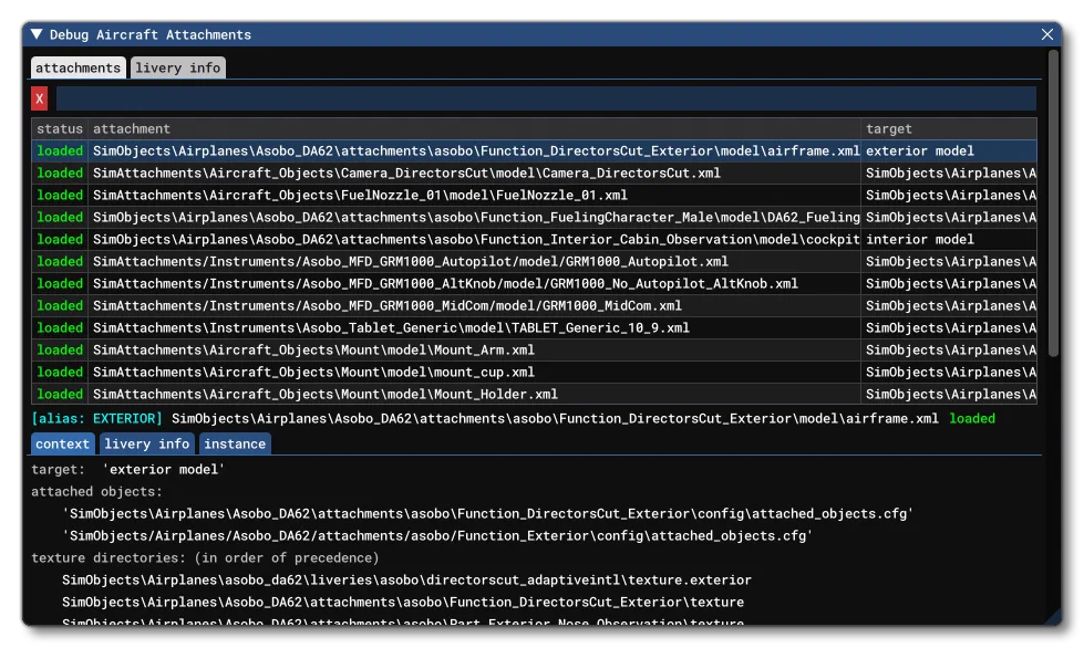 The Debug Aircraft Attachments Window