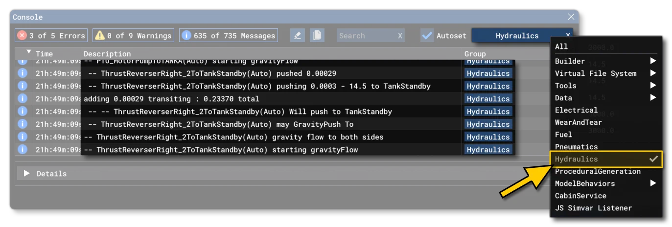 Hydraulics Output in The Debug Console