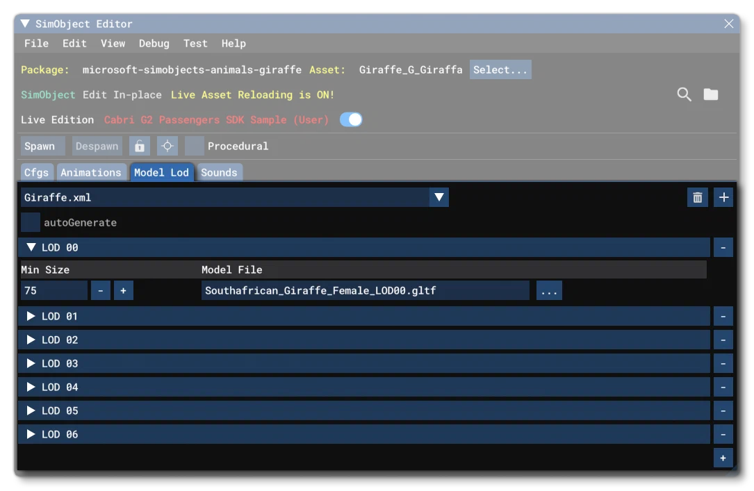 The SimObject Editor Model LOD Tab