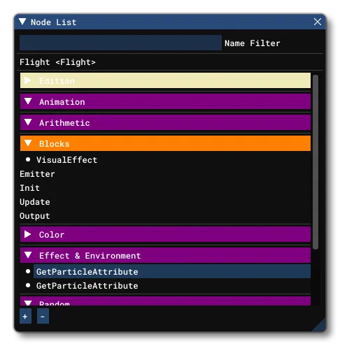 The Node List View In The Visual Effects Editor
