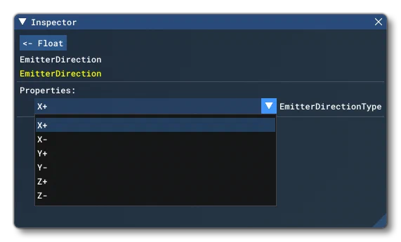 The EmitterDirection Options in The Inspector Window