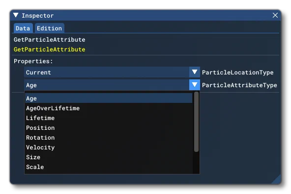 The GetParticleAttribute Options in The Inspector Window
