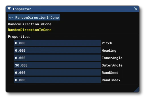 The Inspector Window Inputs For The RandomDirectionInCone Node