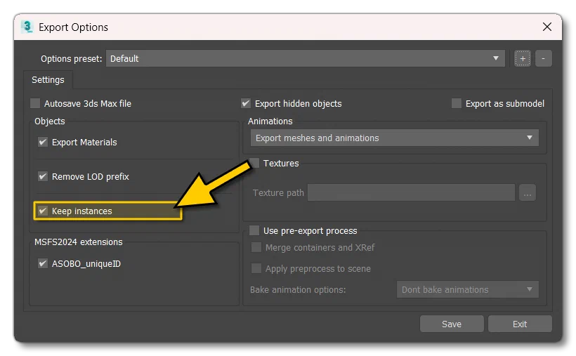 Babylon Exporter "Keep Instances" Option