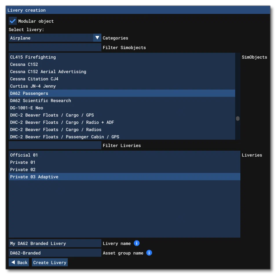 The Livery Creation Window