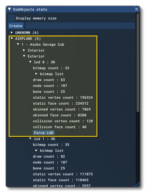 The SimObjects Stats Window