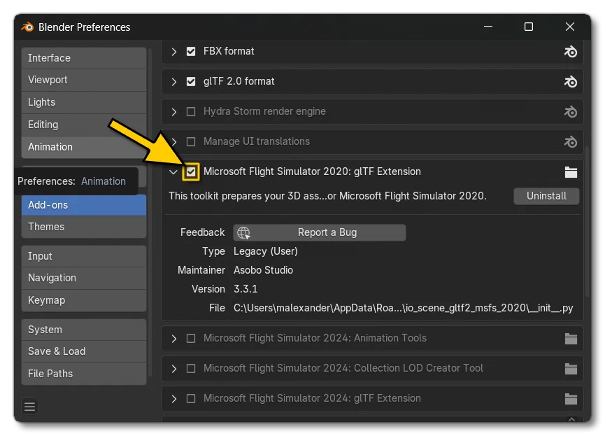 Disabling The MSFS2020 Plugin In Blender