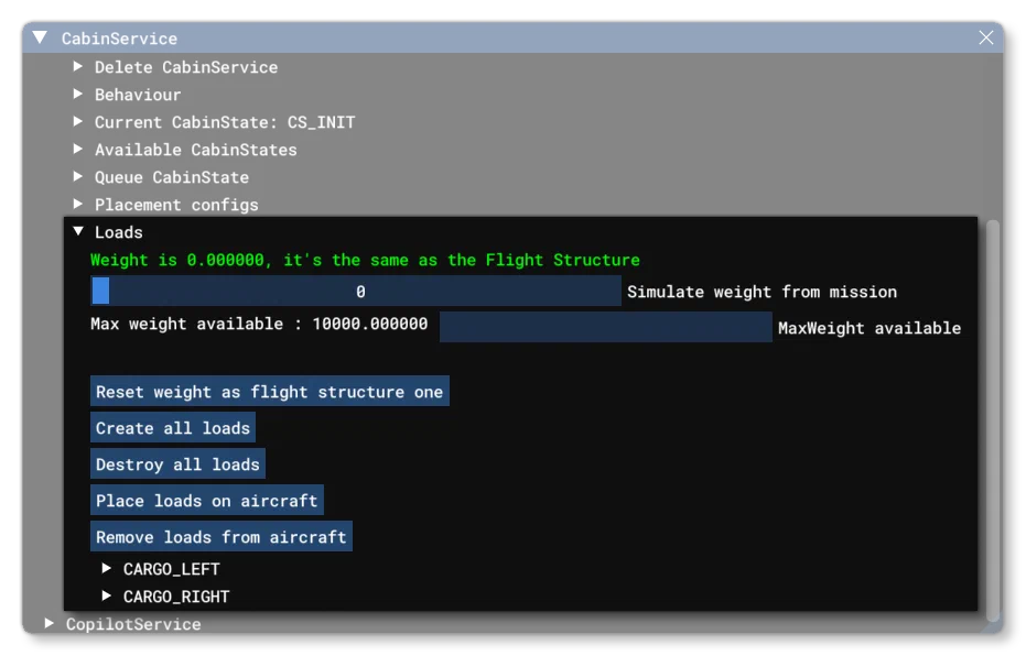 The Cabin Services Debug Window Loads Section