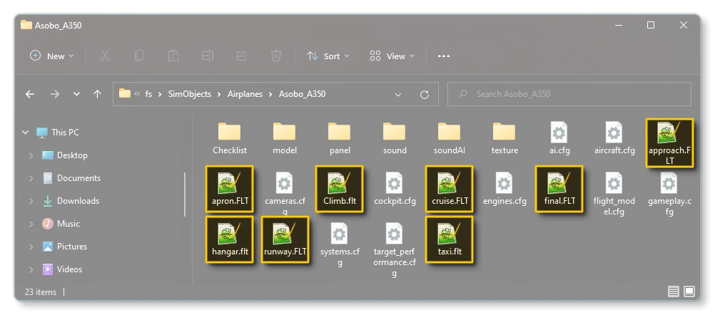 Example Of Included FLT Files For An Aircraft