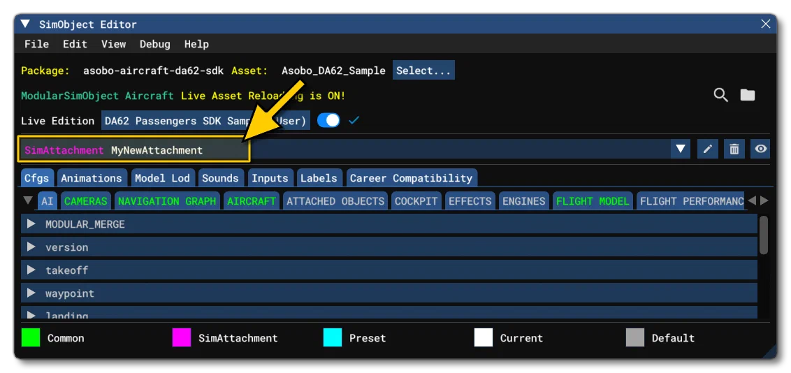 The New Attachment Shown In The SimObject Editor