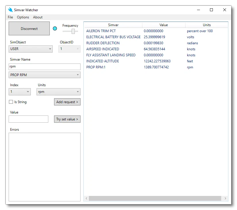 The Simvar Watcher App Running From Visual Studio