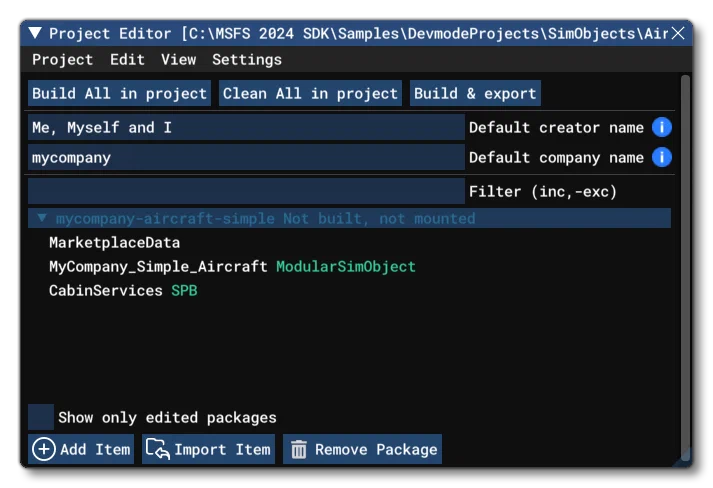 The SimpleAircraft Sample Open In The Project Editor