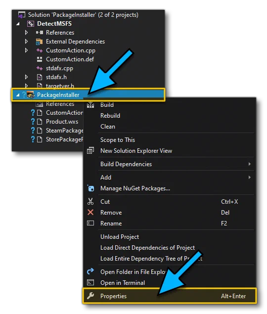 Opening The Package Installer Properties Window