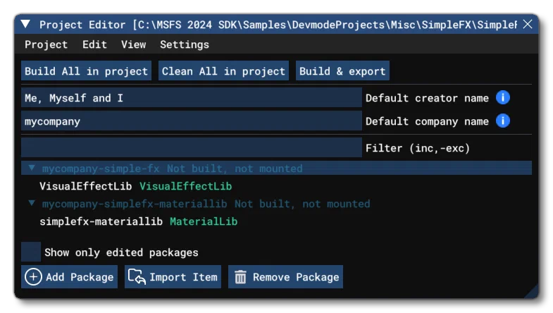 SimpleFx In The Project Editor