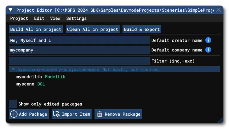 Projected Mesh Sample Project in The Project Editor
