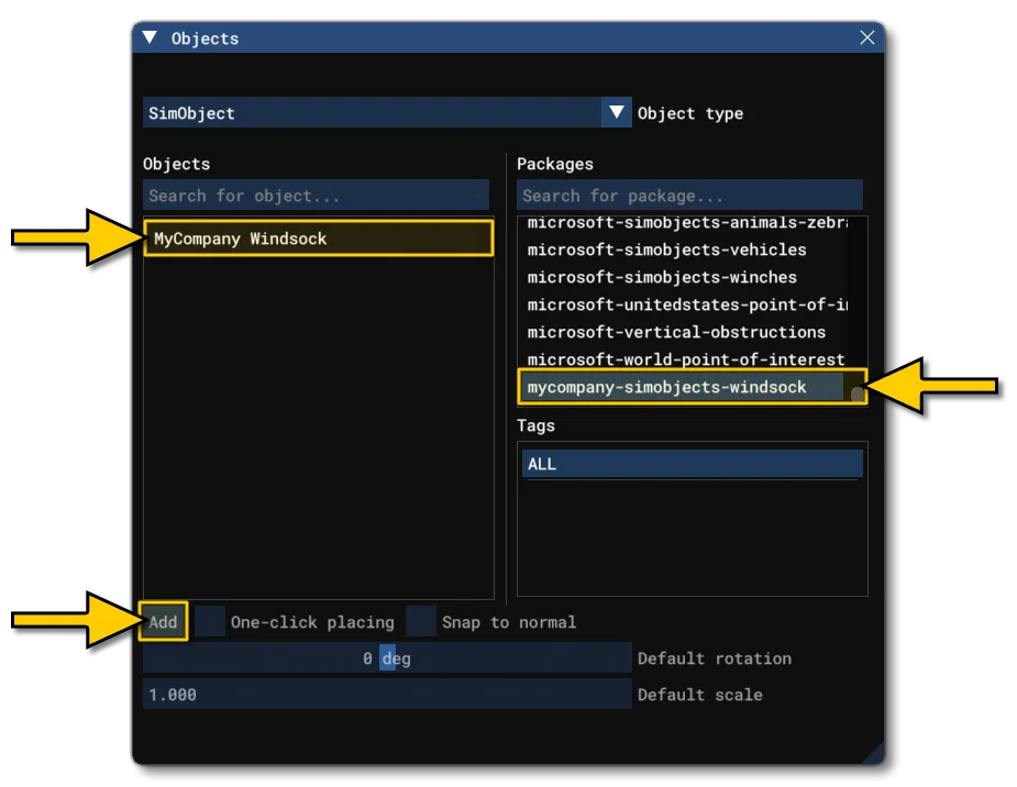 Finding The Windsock SimObject In The Objects Window