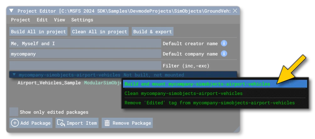 Building The AirportVehiclesSample Package In The Project Editor Inspector