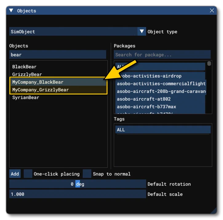 The SampleBears Demo Objects In The Scenery Editor Objects Window