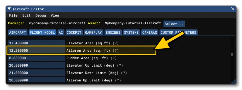 The Aileron Area Parameter in The SimObject Editor