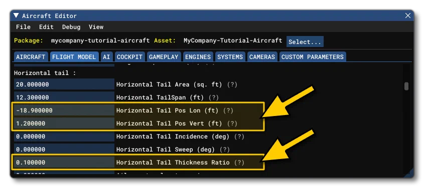 The H-Tail Pos And Thickness Parameters in The SimObject Editor
