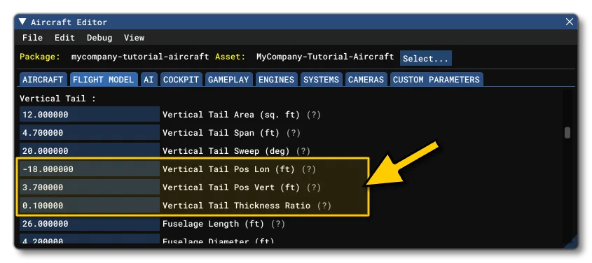The V-Tail Pos And Thickness Parameters in The SimObject Editor