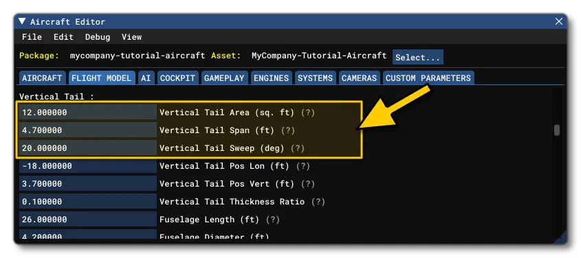 The H-Tail Area, Span And Sweep Parameters in The SimObject Editor