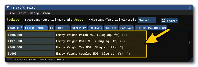 The Different MOI Parameters In The Flight Model Tab