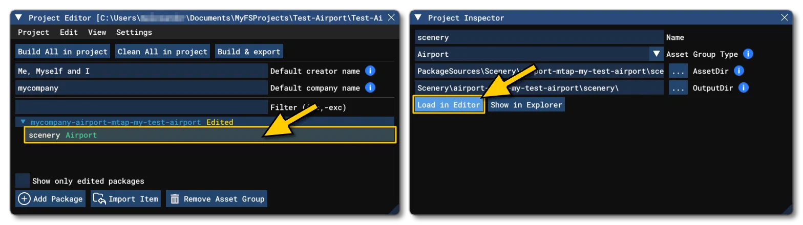 The Airport Asset Group In The Project Editor