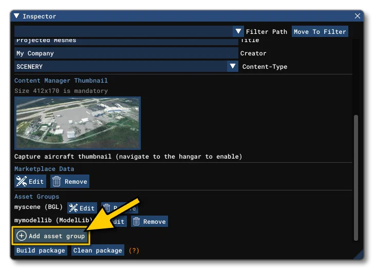 Selecting The Add Asset Group Option In The Inspector