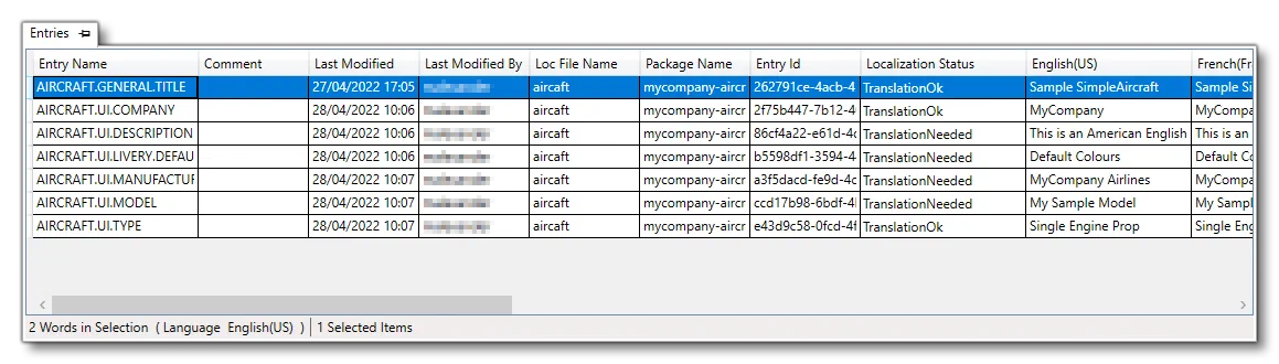 The Entries View In The Localization Manager