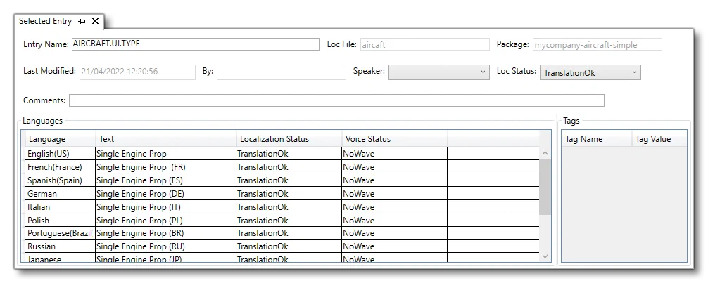 The Selected Entry View In The Localization Manager
